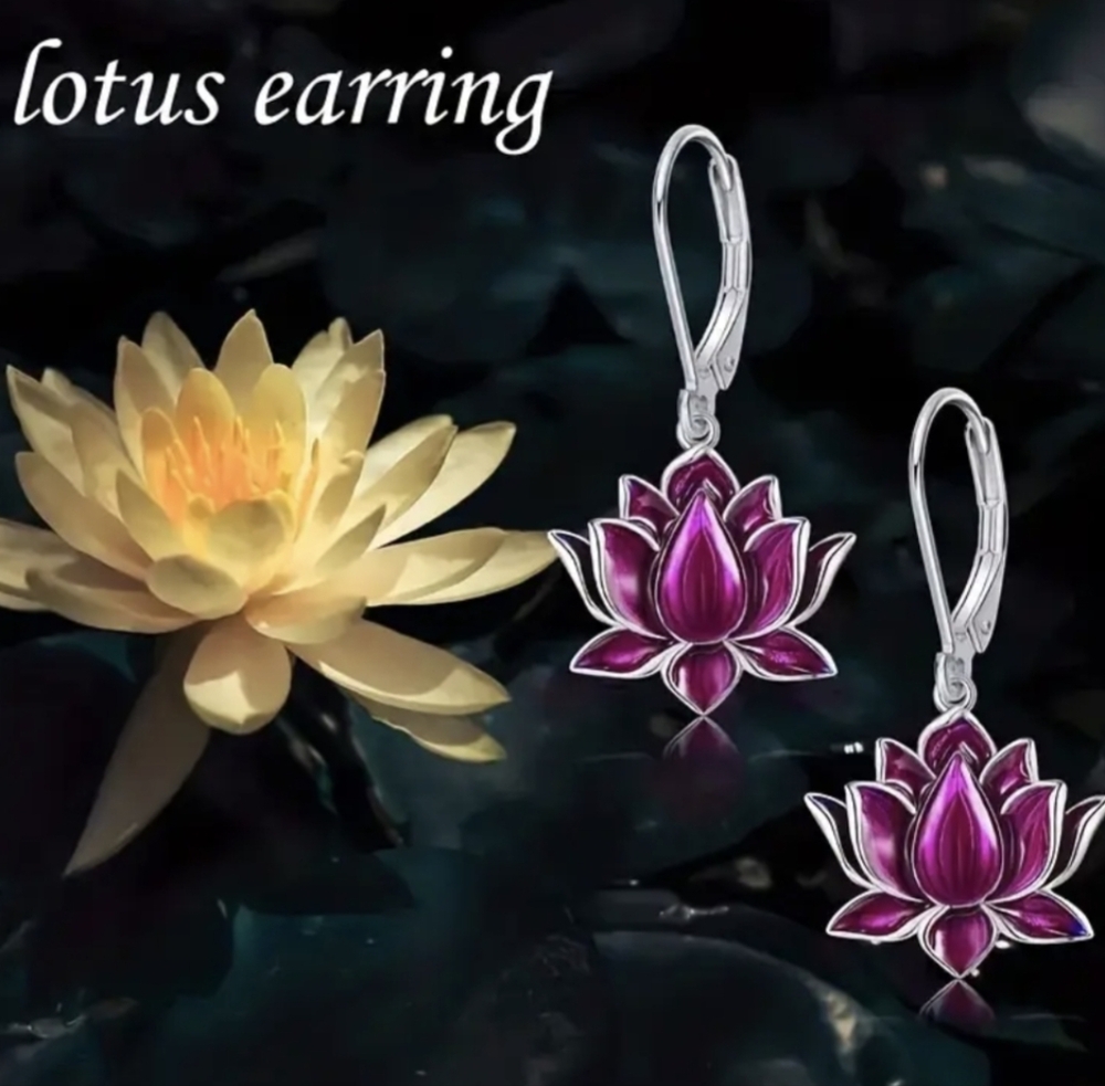 Earrings-- Lotus Flower Dangle style, Rose Red Or Blue